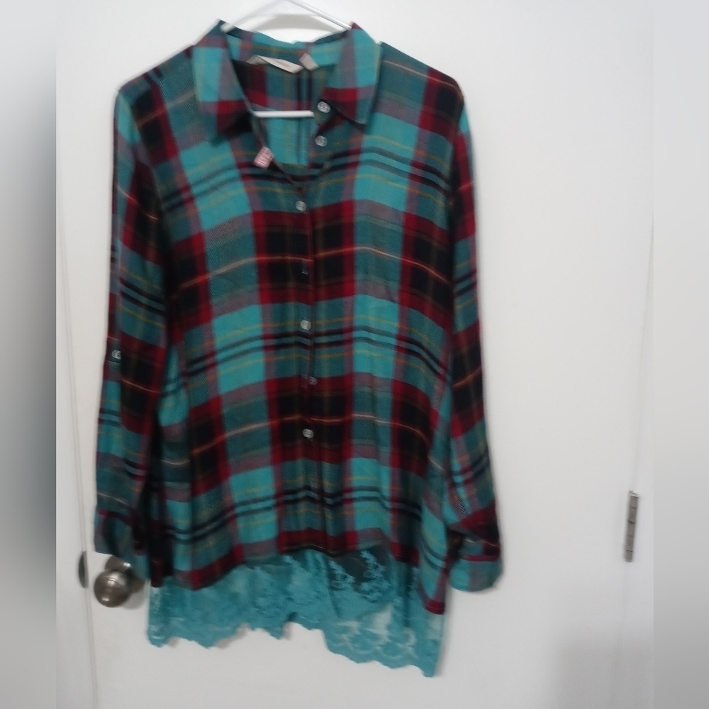 Soft Surroundings Adeline Long Sleeve Button Down Flannel w FloralLace Hem Tunic